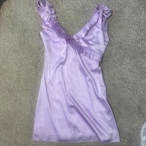 purple satin mini dress with ruffles